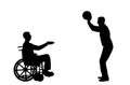 Vector silhouetteof a disabled man in a wheelchair catches a ball from a friend