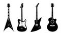 Vector silhouettes of Acoustic guitar and Electric guitars black color isolated on white. Royalty Free Stock Photo
