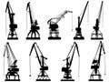 Vector silhouettes of cargo crane tower.