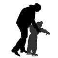 Vector silhouettes of a child and a man. A little boy learns to skate, the father supports child behind