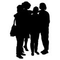 Vector silhouettes of a female group, a black spot, 4 women are standing close together, a girl with a bag, a meeting of