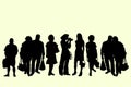 Vector silhouettes of a group of people of different ages with bags, men and women buyers stand in about their entire height in