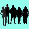 Vector silhouettes of a group of people of different proportions, thin and full in sportswear on vacation. Slim girl interviews