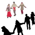 Vector silhouettes a group of people is walking holding each other`s hands. Cartoon 2 girls and a guy in winter clothes, Royalty Free Stock Photo