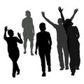 Vector silhouettes of a group people. Young men and women in sportswear in a good mood have fun walking forward waving up Royalty Free Stock Photo