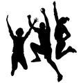 Vector silhouettes of happy, cheering, jumping up people. A man and 2 women with joyful emotions, fun skyout, happiness, energetic Royalty Free Stock Photo