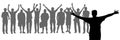 Vector silhouettes large crowd of people, a group of overweight and thin men stand row in the summer, hands are raised upwards,