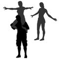 Vector silhouettes of people. The guy is holding the girl on his shoulders. The girl is standing with her arms to the sides, Royalty Free Stock Photo