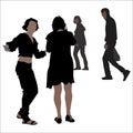Vector silhouettes of 4 people. A woman and a man walk past 2 girls and look in their direction. The guy is carrying a bag. The