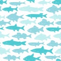 Vector silhouettes of river fishes. Dark blue background with seamless pattern Royalty Free Stock Photo