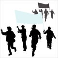 Vector silhouettes of running people. 4 girls run forward, two women hold a banner slogan isolated on a white background. Group