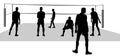 Vector silhouettes of a team of volleyball players during the game. Six people stand in front of a volleyball net. View of people