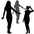 Vector silhouettes beautiful young girls in full growth. A girl stands with a microphone in her hand, two female figures Royalty Free Stock Photo