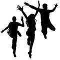 Vector silhouettes of three fun jumping young people, a group of girls and two guys. The concept of victory, glee, happiness