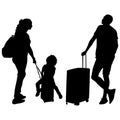 Vector silhouettes of tourists travelers. Young family mom, dad and daughter. A man with a suitcase. Woman with a backpack.
