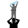 Vector silhouettes of two young people. A boy stands on the shoulders of a man and holds a poster in his hands. Isolated on white