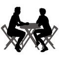 Vector silhouettes of two young women in shorts and a short dress. 2 girls sit at a table in the summer outdoors. Side view of the