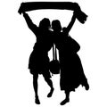 Vector silhouettes of young female tourist girls with a fan scarf raised above their heads. Scarf of a football fan. The girls in Royalty Free Stock Photo