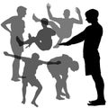 Vector silhouettes of 6 guys involved in the gym. Men jump on trampolines. Two male silhouette in profile in full growth.