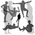 Vector silhouettes of 8 young guys involved in the gym. Men jump on trampolines. Two male silhouette in profile in full growth.