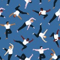 Vector silhouettes of young men perform a few forms of Tai Chi. Seamless pattern.