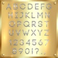 Vector silver coated alphabet letters, digits and punctuation on gold background Royalty Free Stock Photo