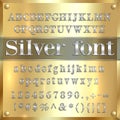 Vector silver coated alphabet letters, digits and punctuation on gold background Royalty Free Stock Photo