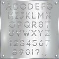 Vector silver coated alphabet letters, digits and punctuation on metallic background Royalty Free Stock Photo