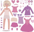 Vector simple blond girl doll princess with a set of dresses and accessories objects isolated on transparent background