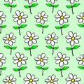 Vector simple cute floral seamless pattern. Funny endless print with flowers chamomile on stem. Summer children texture