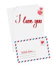 Vector simple envelope.Pink flower and text I love you painted o