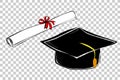 Simple hand draw sketch of certificate with red ribbon and black graduation cap, at transparent effect background