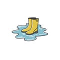 Vector simple illustration of autumn or spring symbol - rubber boots standing in puddle.