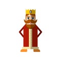 Vector simple illustration of magical fairy tale king in red cloak and crown. Flat king icon for game app, kids party