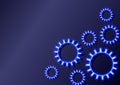 Vector simple neon gears background template, blue color, abstract wheel mechanism, digital technology.