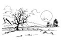 Simple sketch of dead tree, hill, mountain and mosque Royalty Free Stock Photo