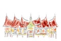 Simple Sketch of West Sumatera Traditional Building with water color effect