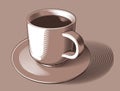 Vector simplified image of a cup of coffee and a saucer, on a light brown background