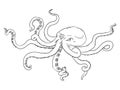 Vector Single Black Outline Illustration - Octopus. Wild Underwater Animal. Royalty Free Stock Photo