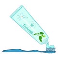 Vector Single Cartoon Color Illustration - Tube of Toothpaste with Toothbrush