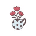 Vector single clipart of polka dot vase with flowers. In doodle style. Isolated image in color on a white background.