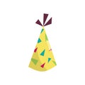 Vector single image of a festive yellow birthday cap in flat style. Illustration for greeting card, pattern design, print