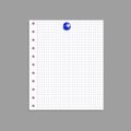 Vector Single Notebook Paper Sheet, Graph Page with Realistic Blue Pin Button Isolated on Gray Background.