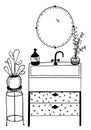 Vector sink with mirror, cactus and bouquet of flowers in the vase