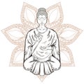 Vector Sitting Buddha in Lotus pose, on henna mandala,