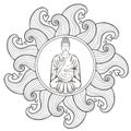 Vector Sitting Buddha in Lotus pose, in waves mandala, teaching