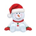Vector sitting snowman cartoon. Cute snowman in Santa cap