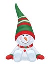 Vector sitting snowman cartoon. Cute snowman for winter holidays