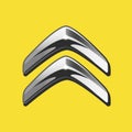 Vector of siver 3D Citroen logo with black side on yellow background.