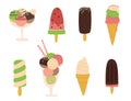 Vector six colorful flat different ice creams. Popsicle, cone, sundae, popsicle, vanilla ice cream, chocolate ice cream